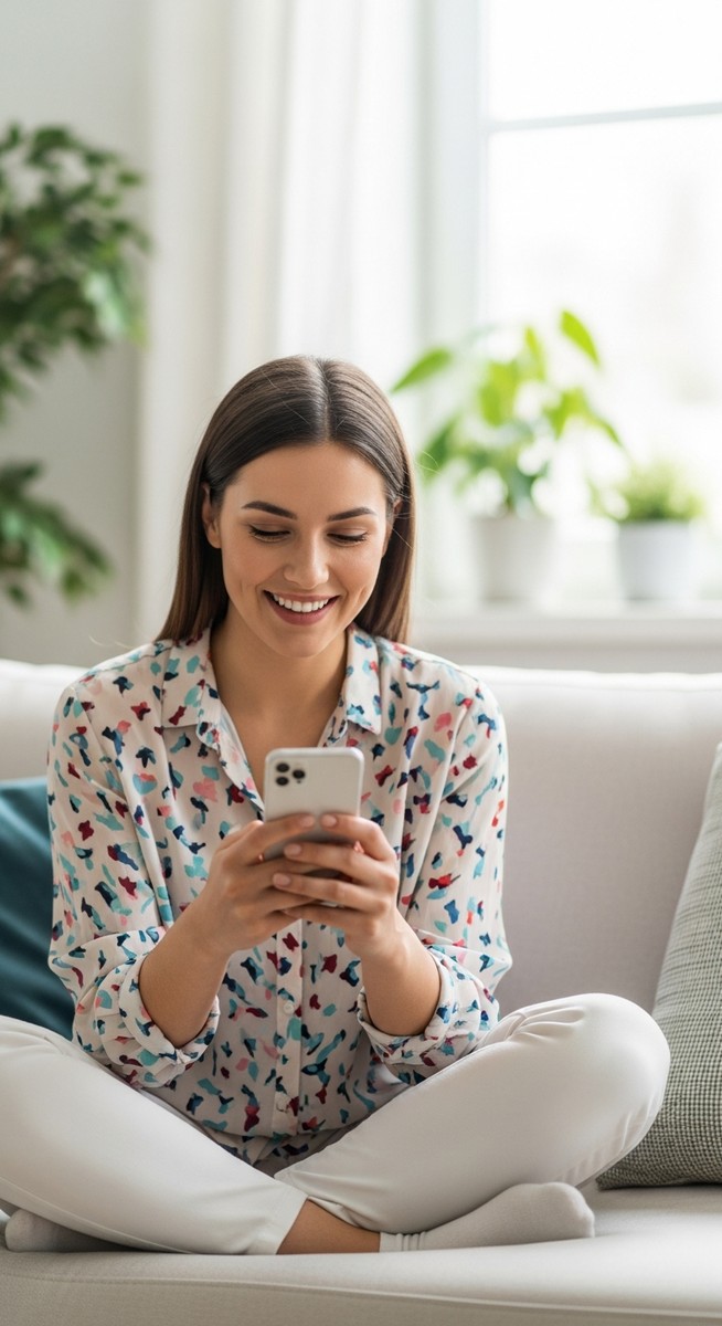 a woman smiling at her phone in a bright living room for virtual assistant work
