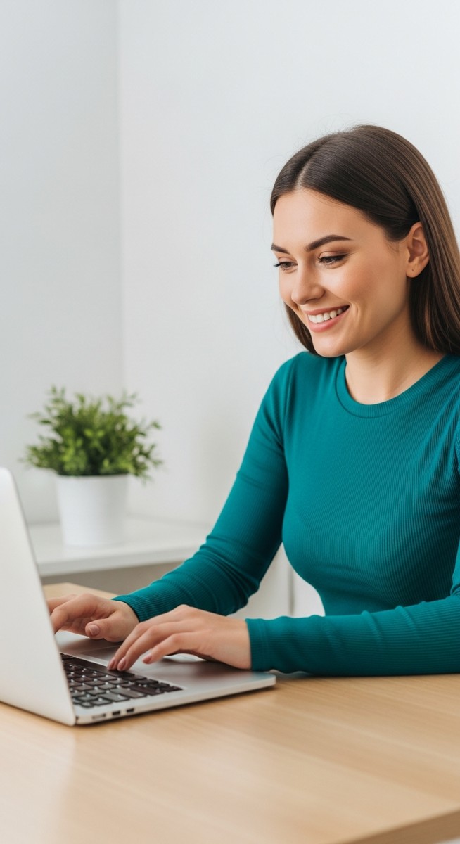 woman looking satisfied at her laptop screen at home