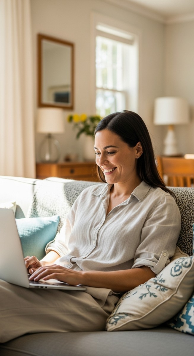 a woman smiling while working on her laptop at home for virtual assistant work