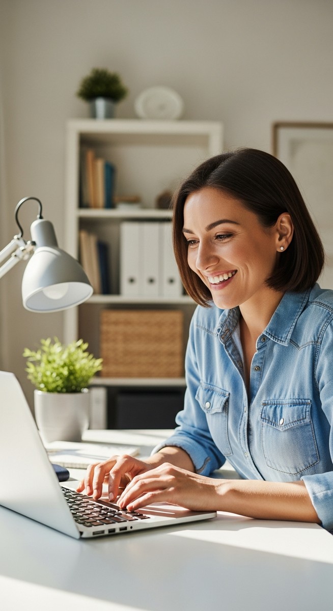 a woman working confidently on her laptop at a bright home desk for virtual assistant work