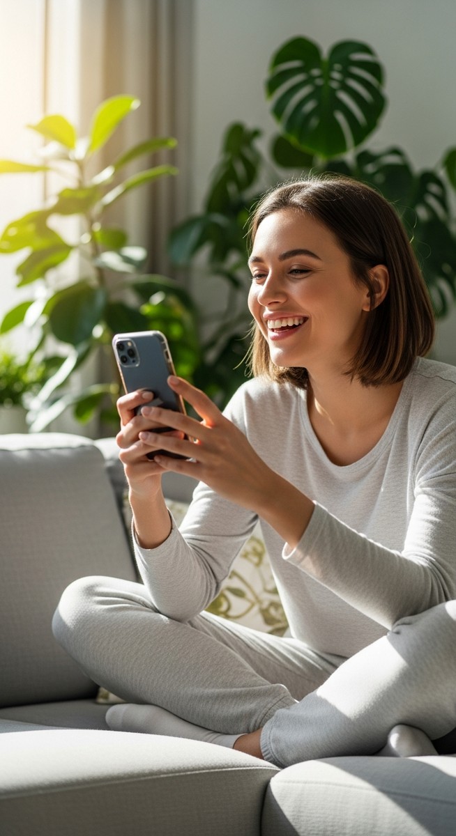 a woman smiling at her phone in a bright living room for virtual assistant work