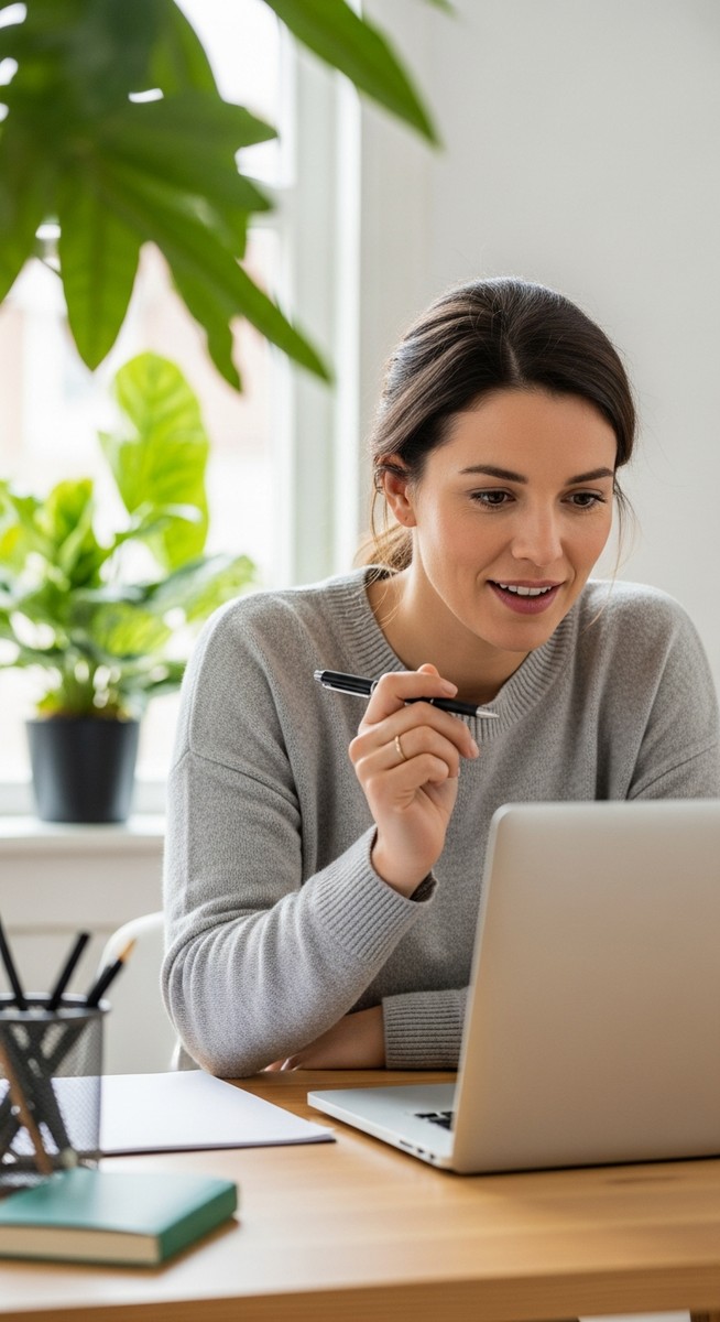 woman smiling and thinking at her home office desk