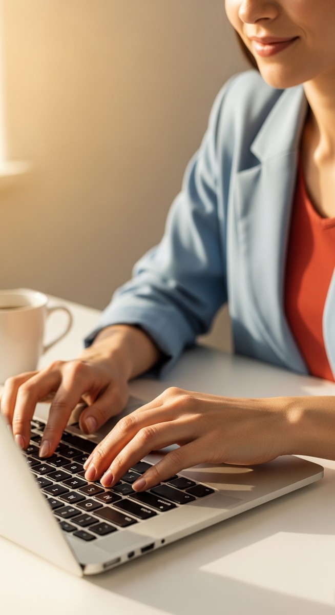 woman typing on a laptop at a bright clean desk