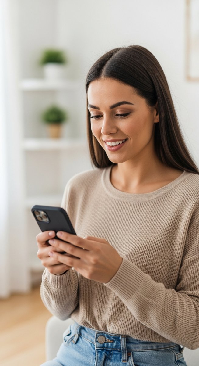 woman looking satisfied at her phone at home