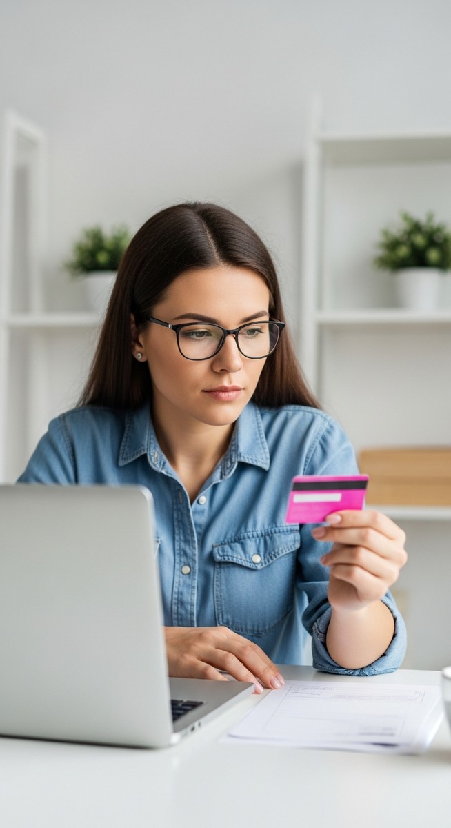 a woman with a gift card and laptop at a home desk to get gift cards