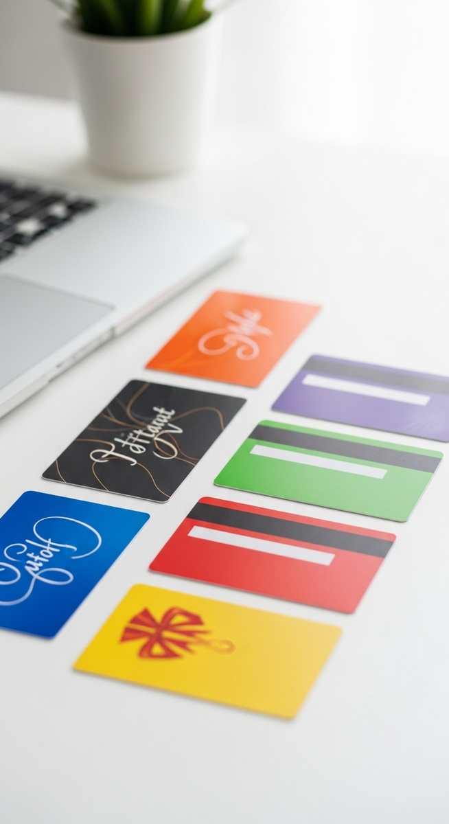 several gift cards spread out on a white desk