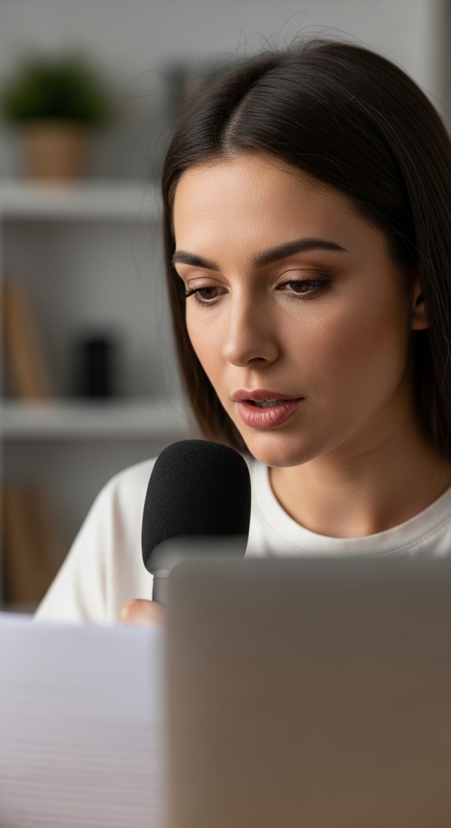 a woman speaking into a microphone at her home desk for voice over work
