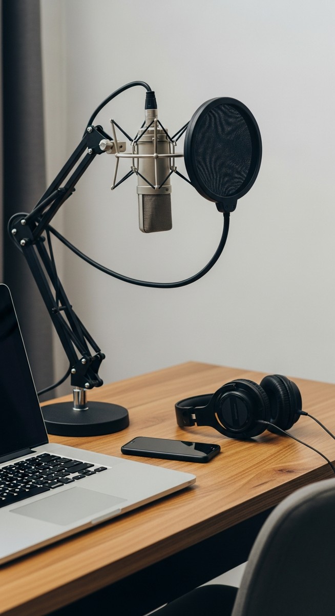 home voice over recording setup with microphone and laptop