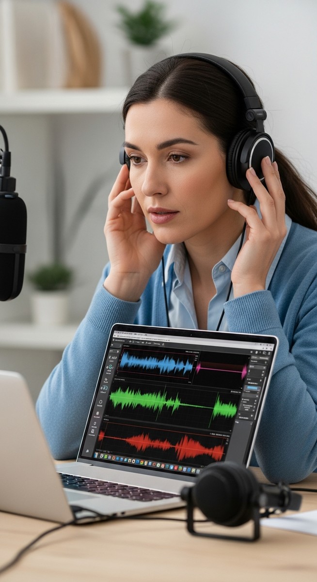 a woman reviewing audio on a laptop with a microphone beside her for voice over work