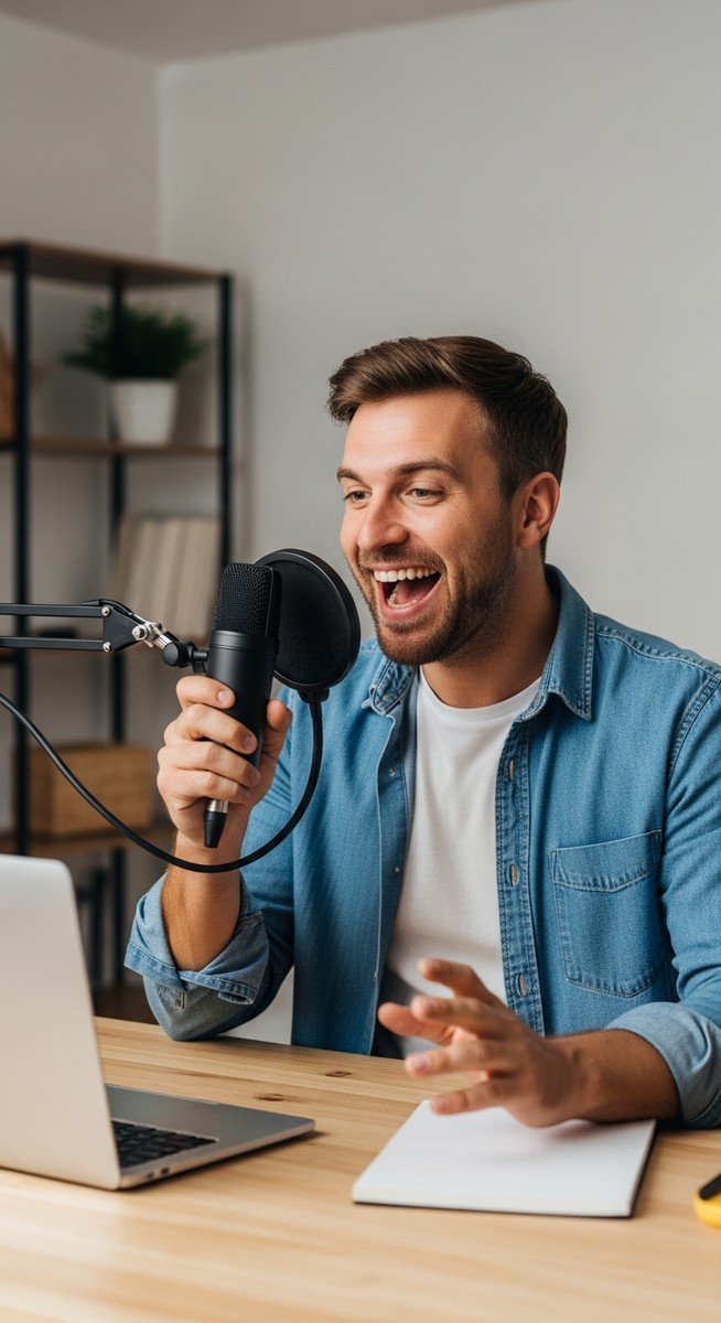 man speaking into a microphone at his home desk
