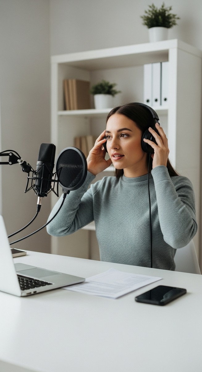 woman putting on headphones at her desk to record voice over