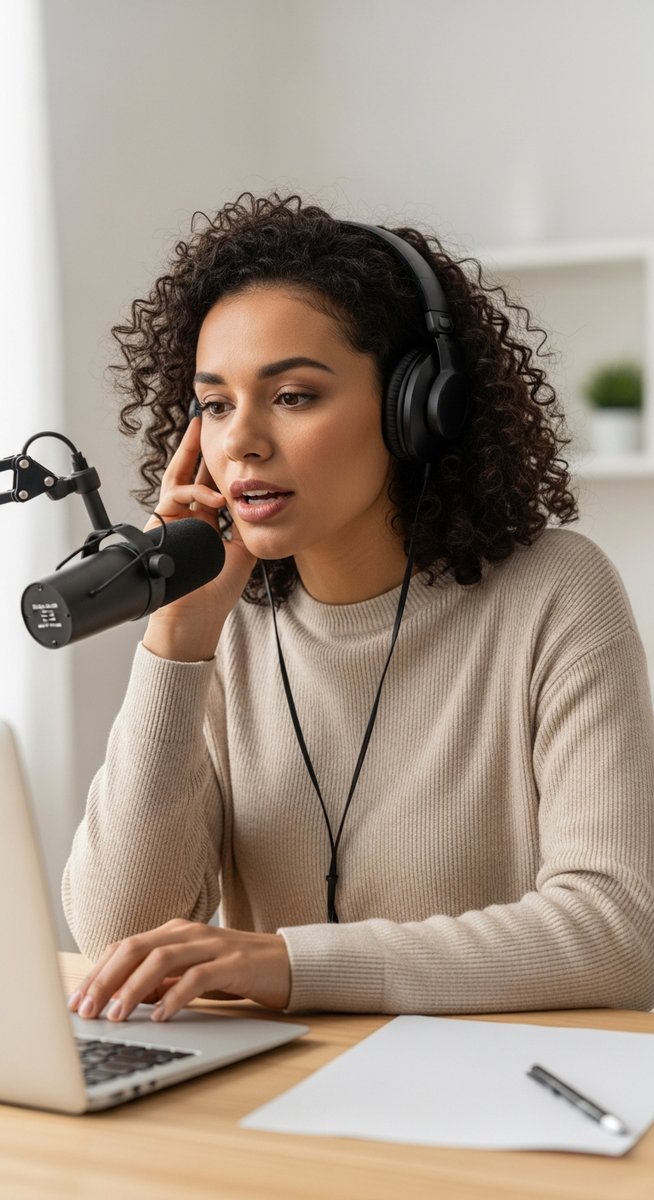 a woman with headphones recording at a microphone and laptop for voice over work