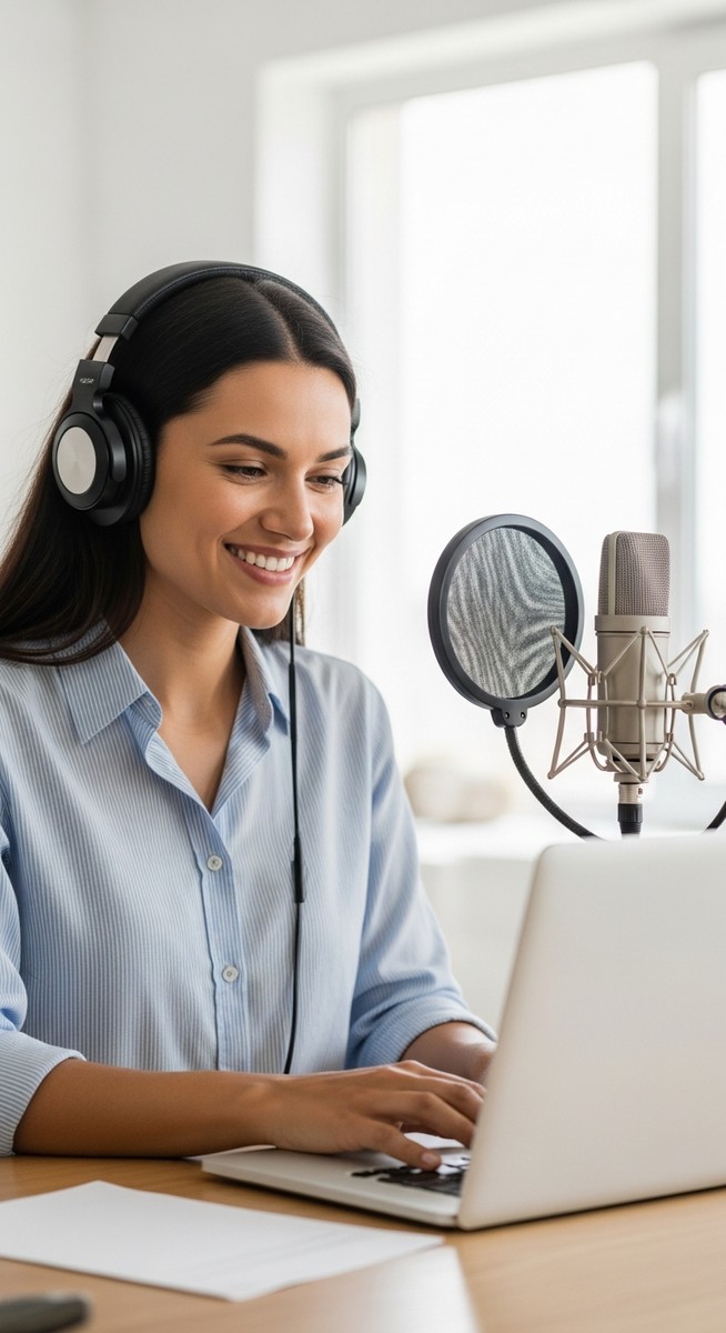 woman smiling at her laptop after finishing a voice over recording