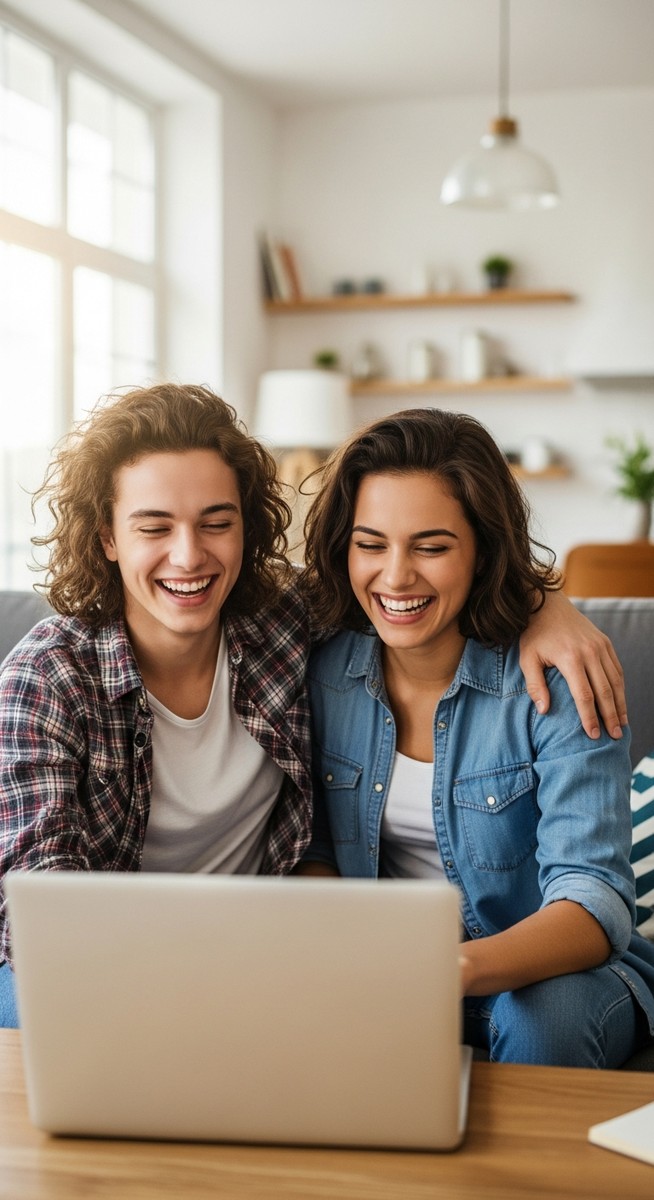 two teenagers looking at a laptop together and laughing