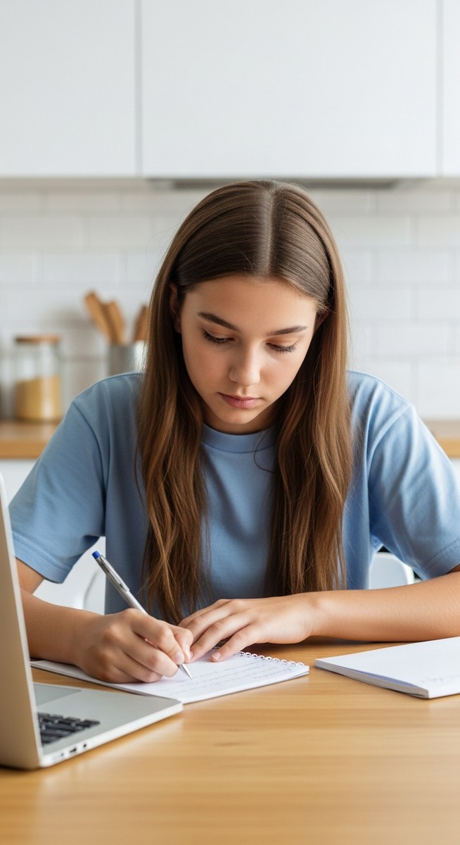 teenage girl taking notes next to a laptop at a kitchen table