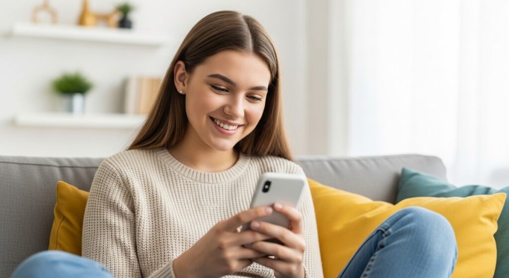 a teenage girl smiling at her phone at home to make money as a teen