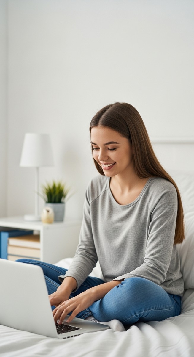 a teenage girl working on a laptop on her bed to make money as a teen