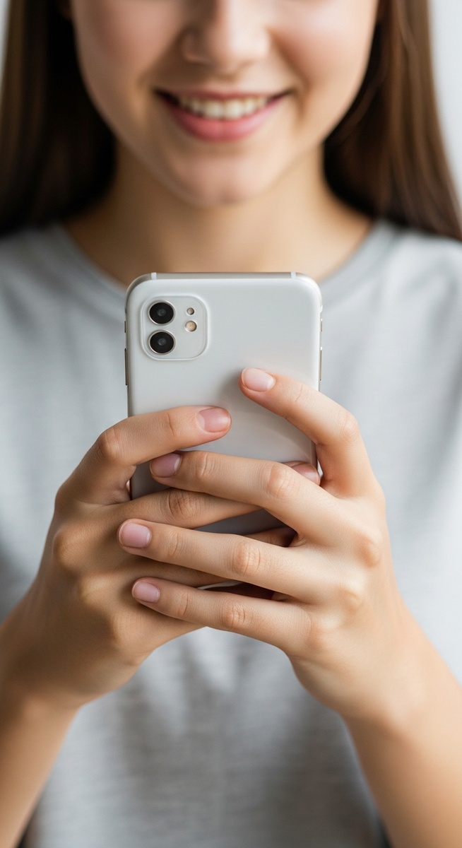 young person's hands holding a smartphone showing an app