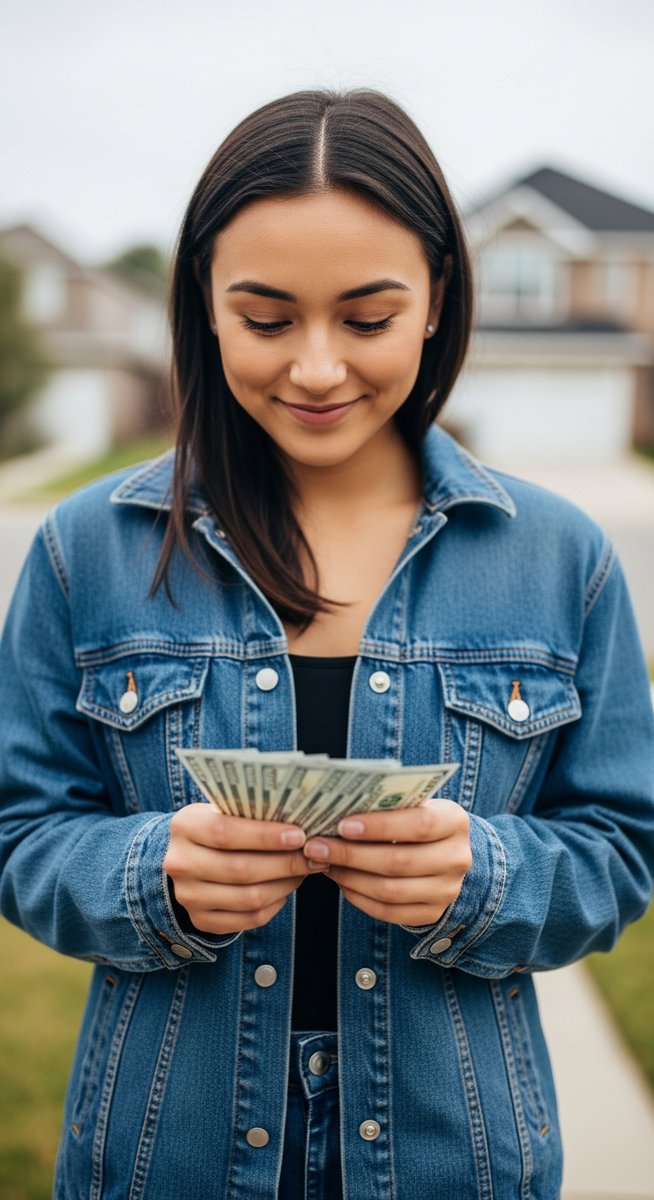 a young person holding cash looking pleased to make money as a teen