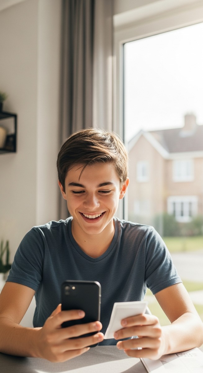 teenage boy smiling at his phone at home
