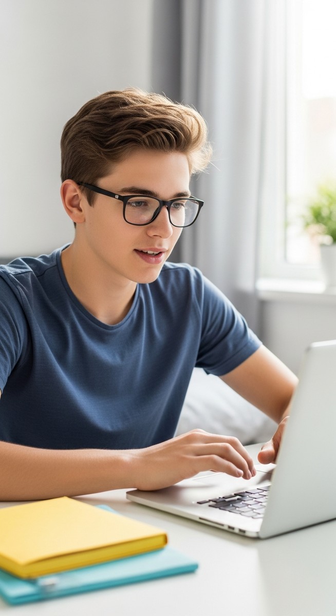 a teenage boy working on a laptop at a desk to make money as a teen