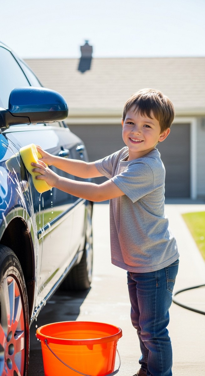 a child washing a car in a sunny driveway to make money as a kid