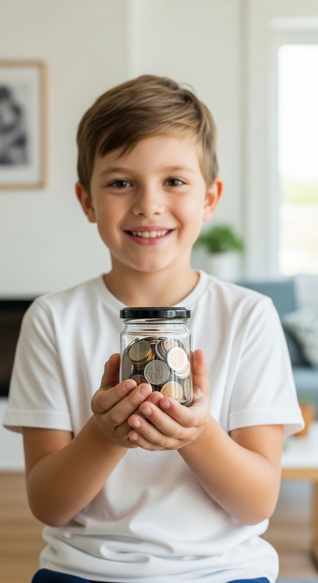 child holding a jar of coins and smiling