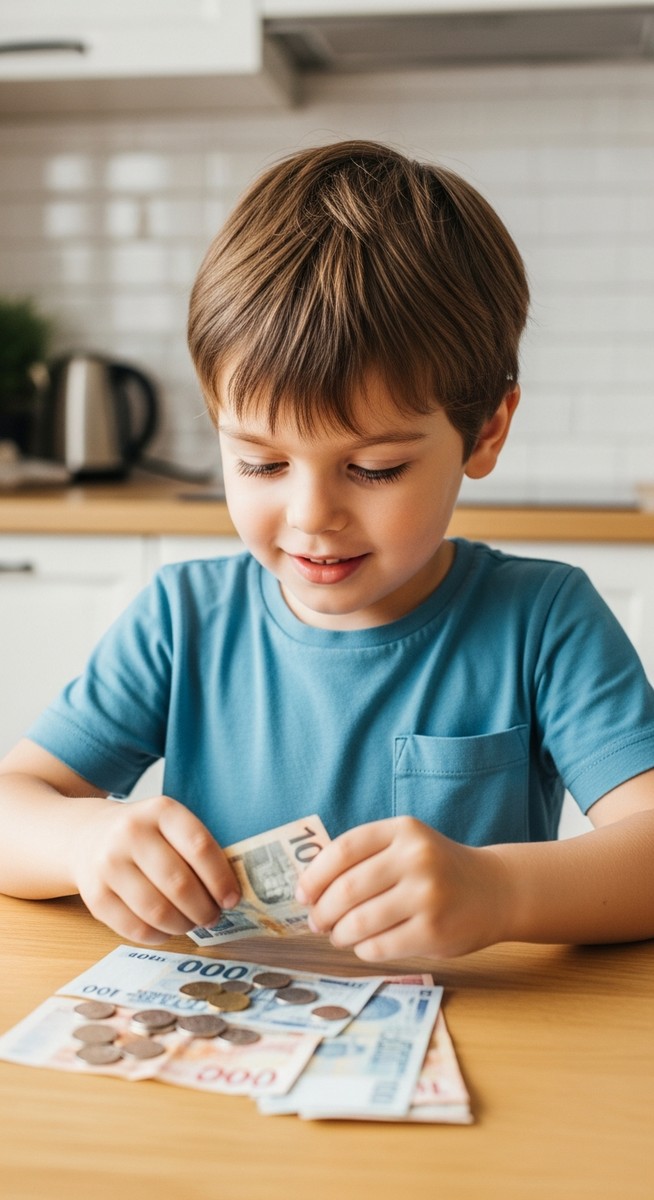 child counting money at a kitchen table