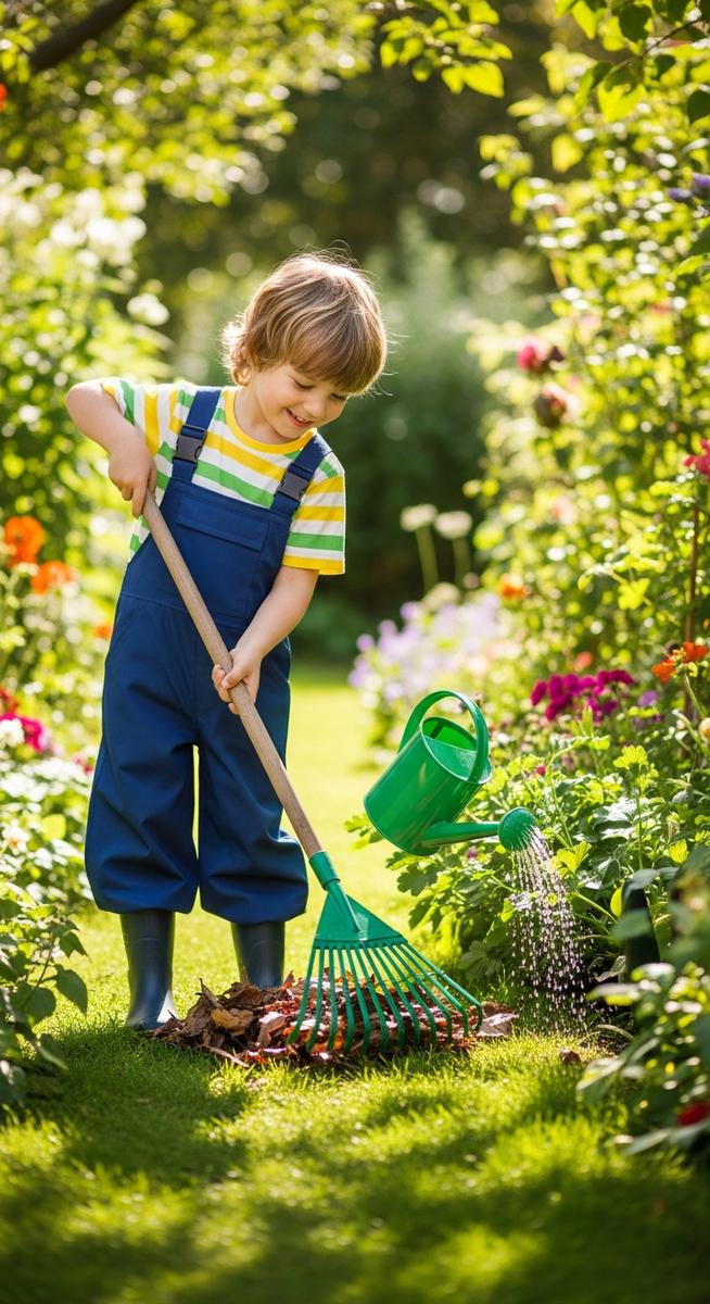 a child doing yard work in a sunny garden to make money as a kid
