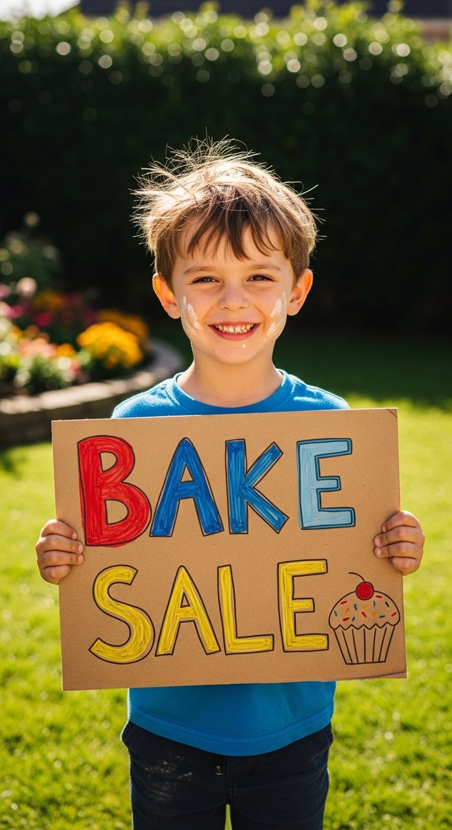 a child holding up a handmade sign for a small business idea to make money as a kid