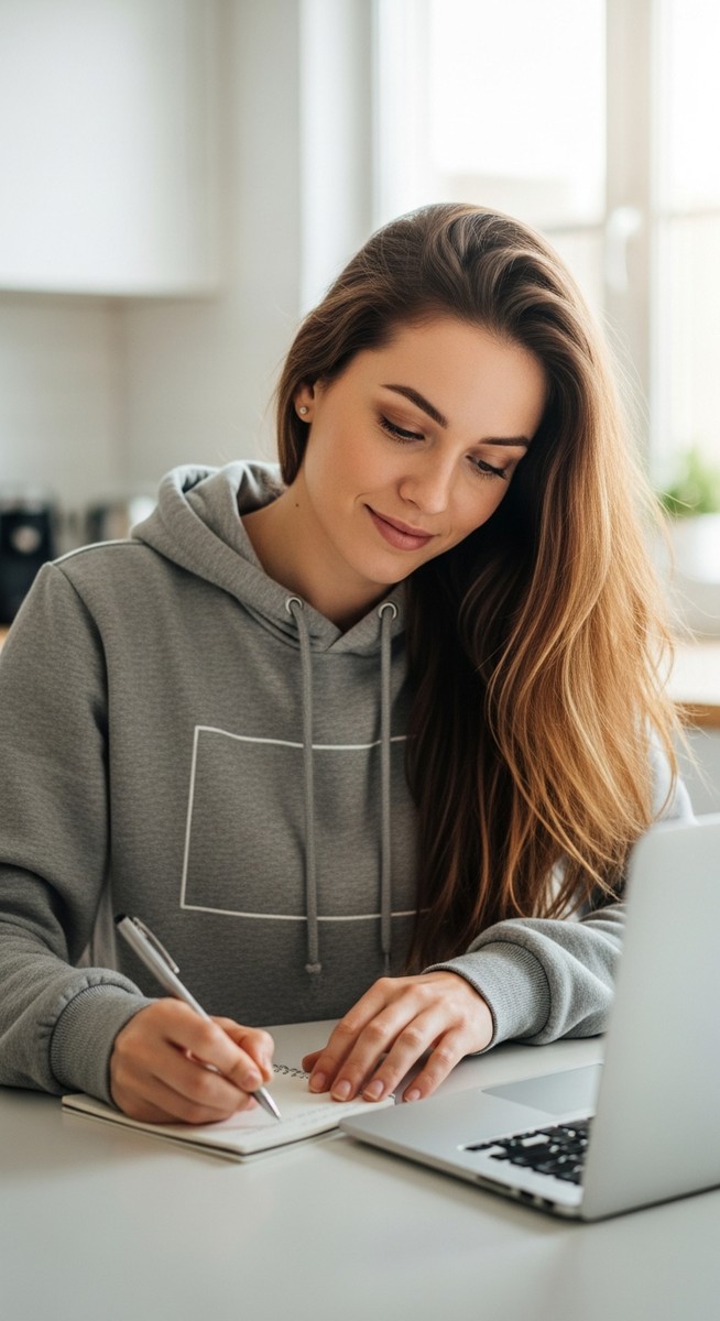 young woman taking notes next to her laptop at a kitchen table