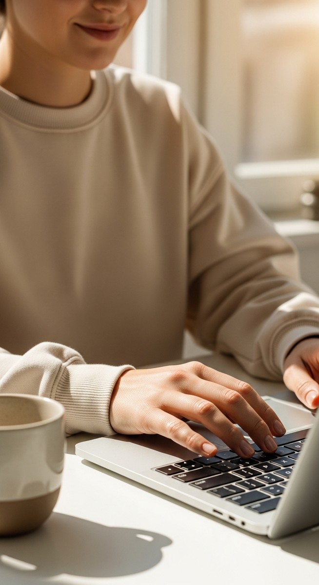 woman typing on a laptop at a bright clean desk