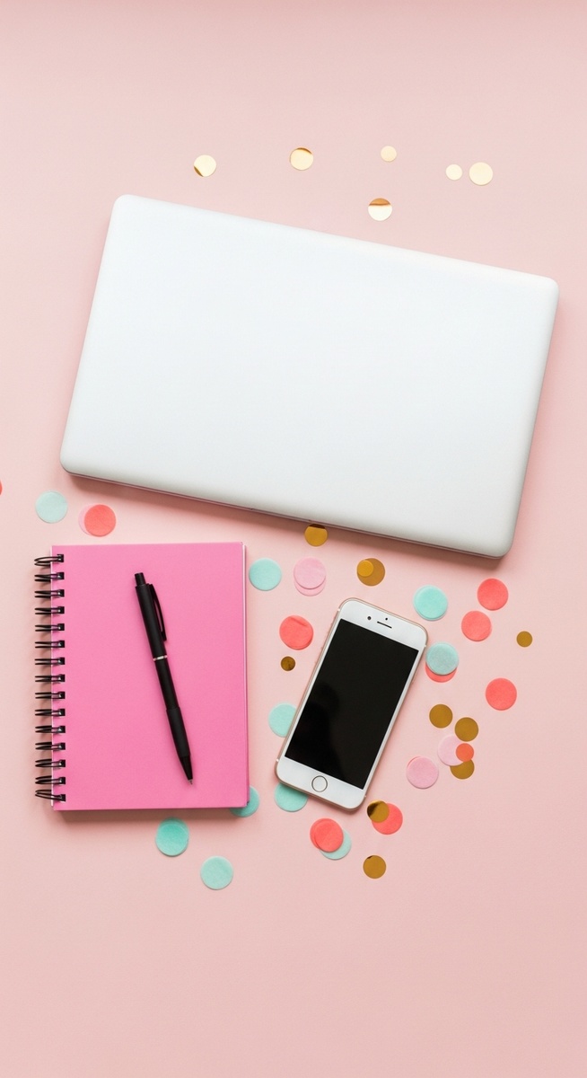 a pink flatlay with laptop, notebook, and phone for flipping items