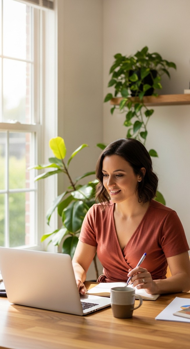 woman smiling and thinking at her home office desk