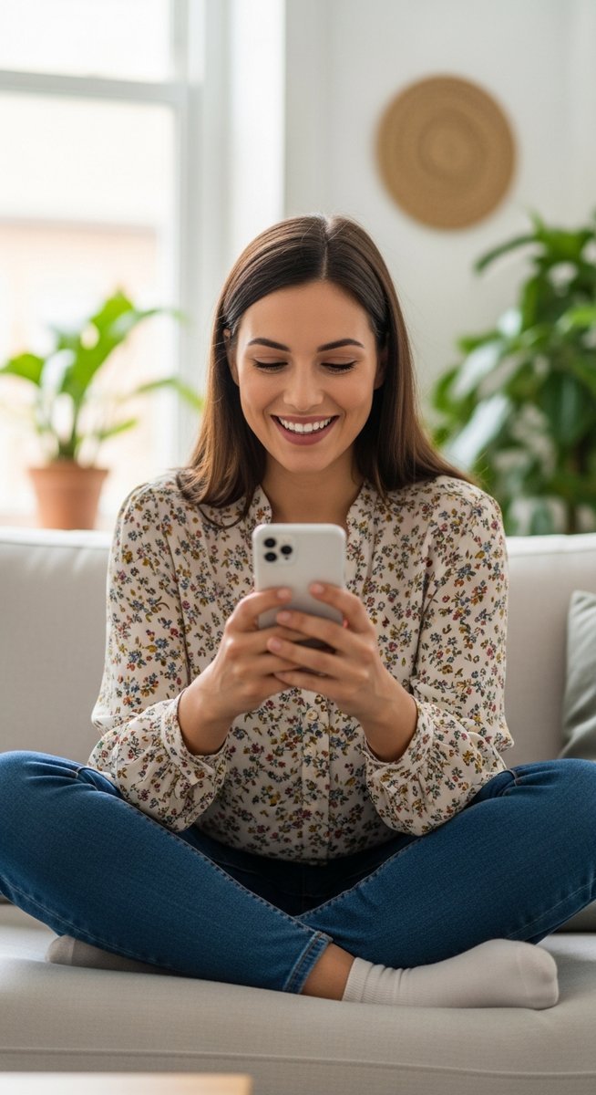 a woman smiling at her phone in a bright living room for flipping items