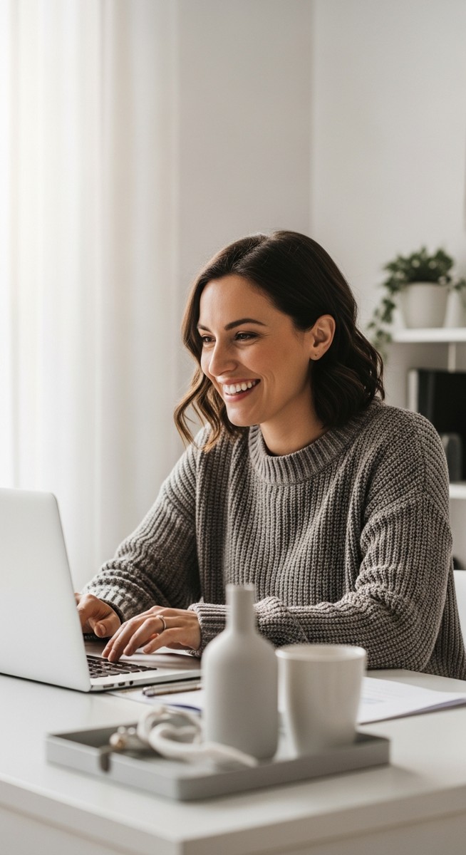 woman working confidently on her laptop at a bright home desk