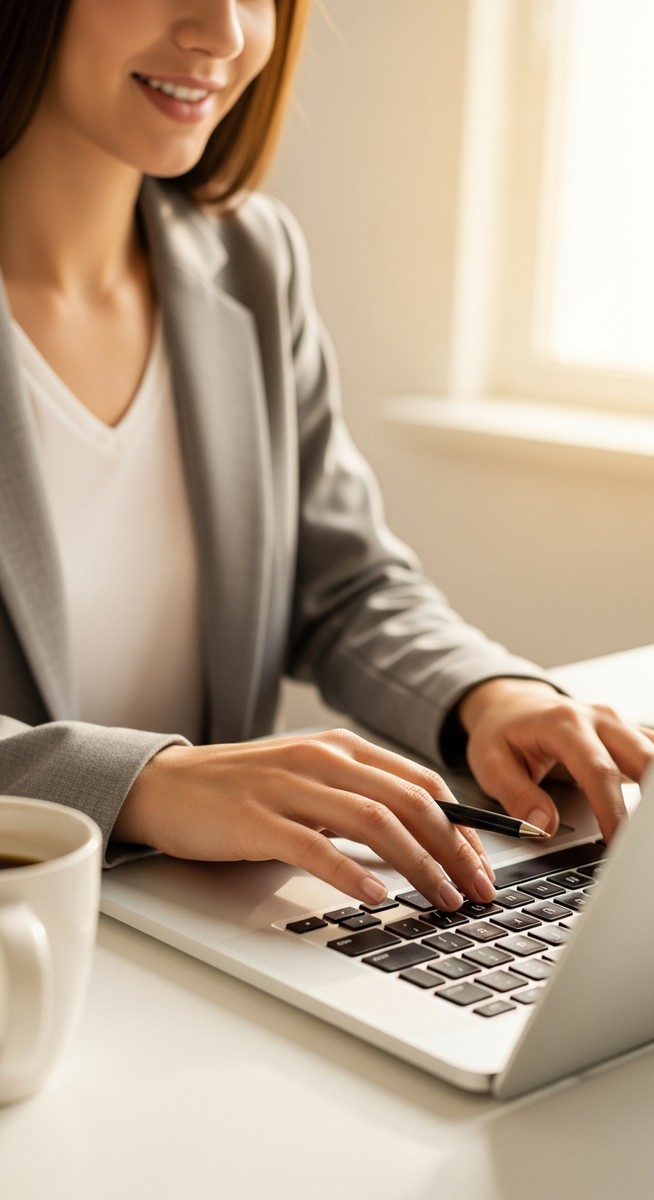 woman typing on a laptop at a bright clean desk
