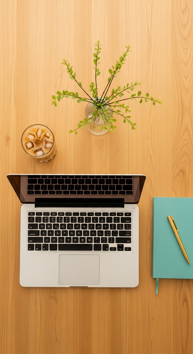flatlay of a laptop and teal notebook on a wooden desk