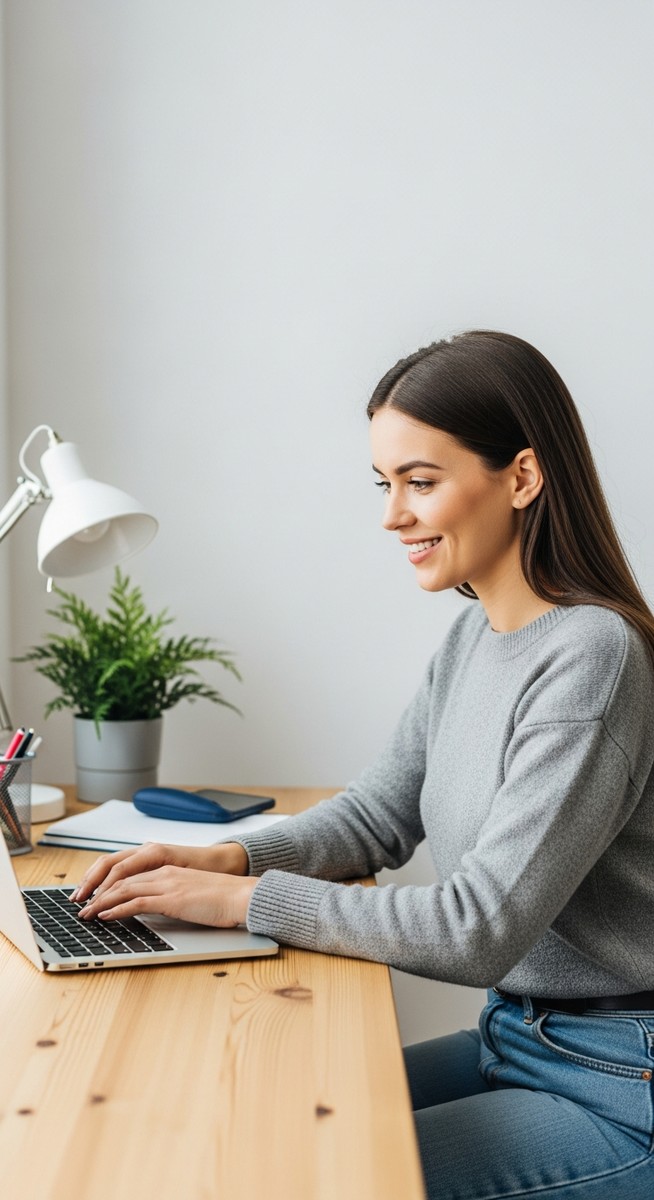 woman looking satisfied at her laptop screen at home
