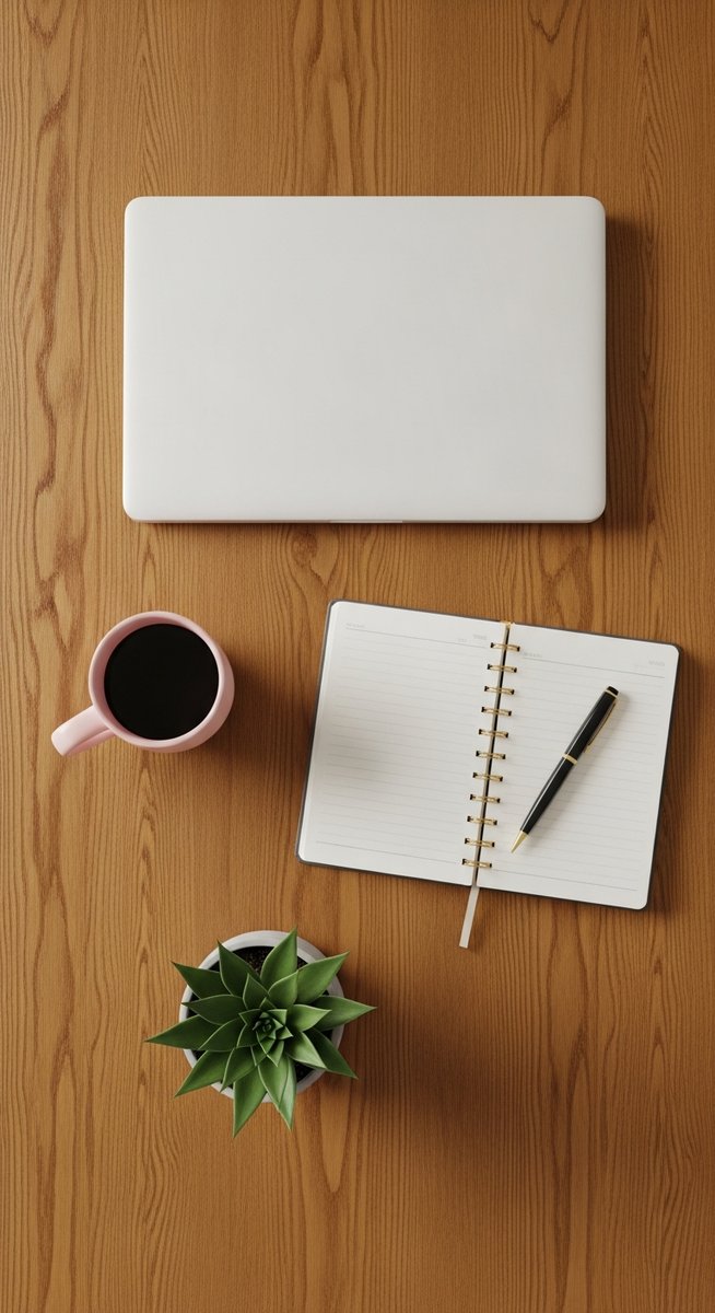 flatlay of a planner, laptop, and succulent on a wooden surface