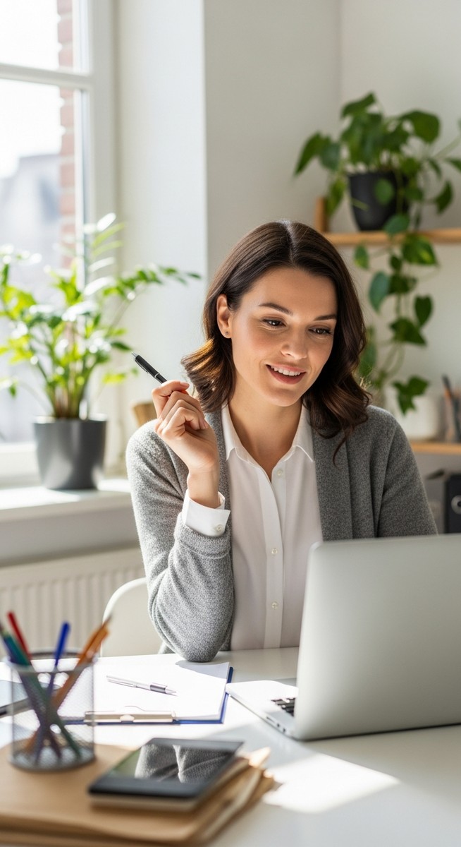 woman smiling and thinking at her home office desk