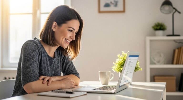 woman working confidently on her laptop at a bright home desk