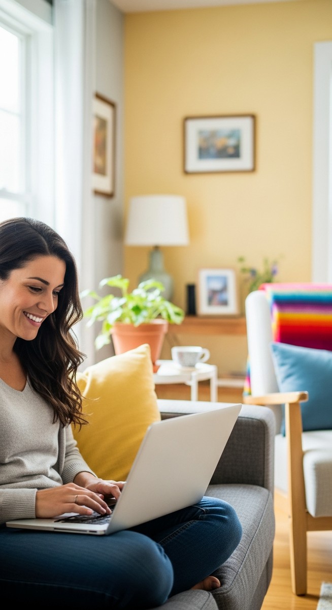 woman smiling while working on her laptop at home