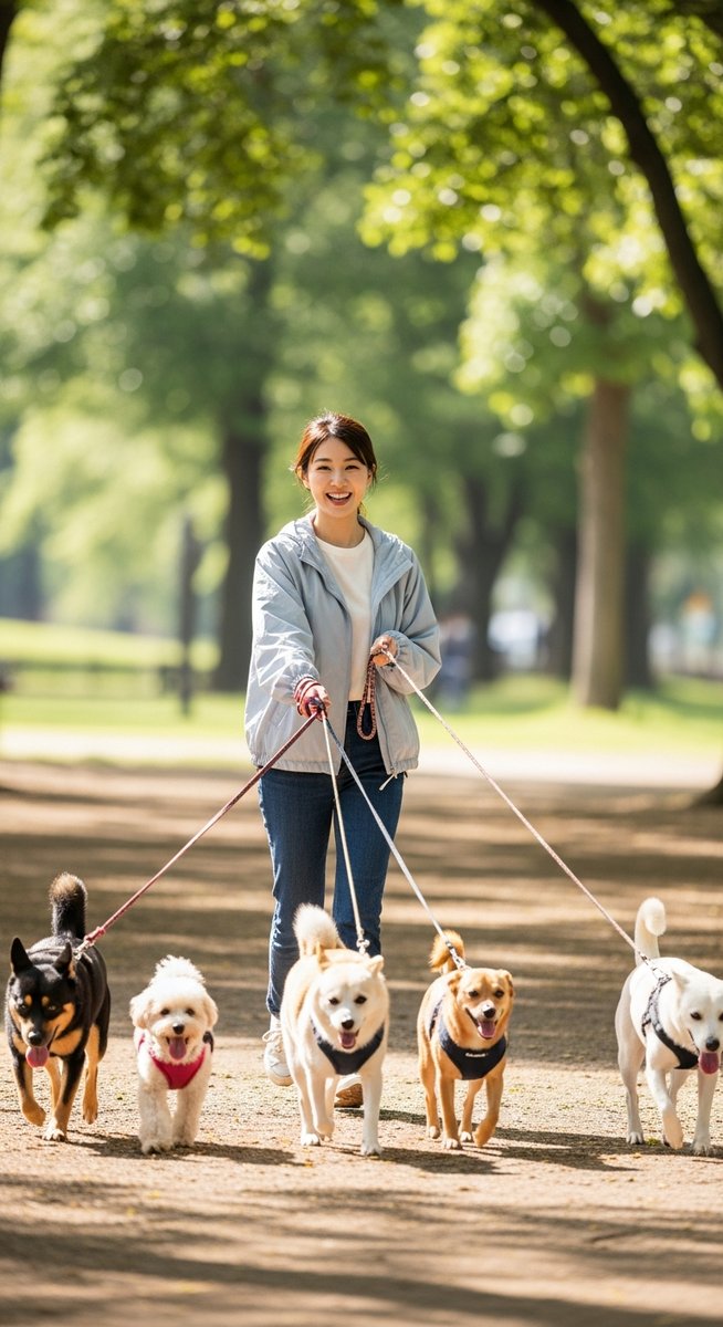 a young woman walking several dogs in a bright park on a weekend morning for extra income