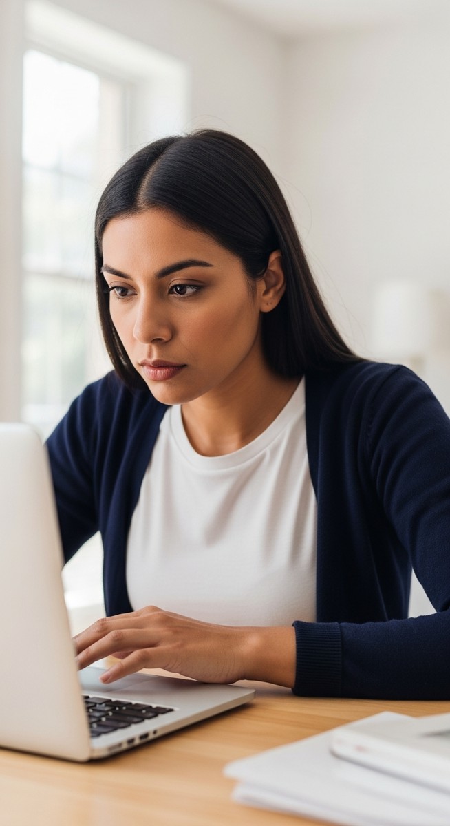 woman reviewing weekend job listings on a laptop at a home desk