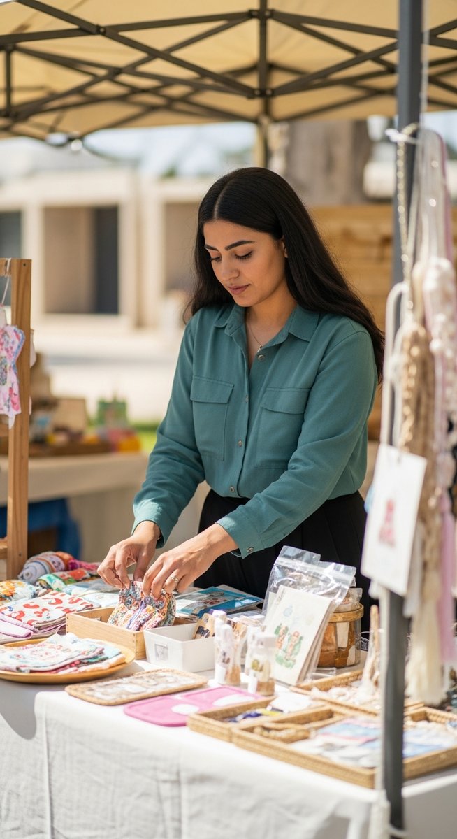 woman arranging handmade products on a market stall table