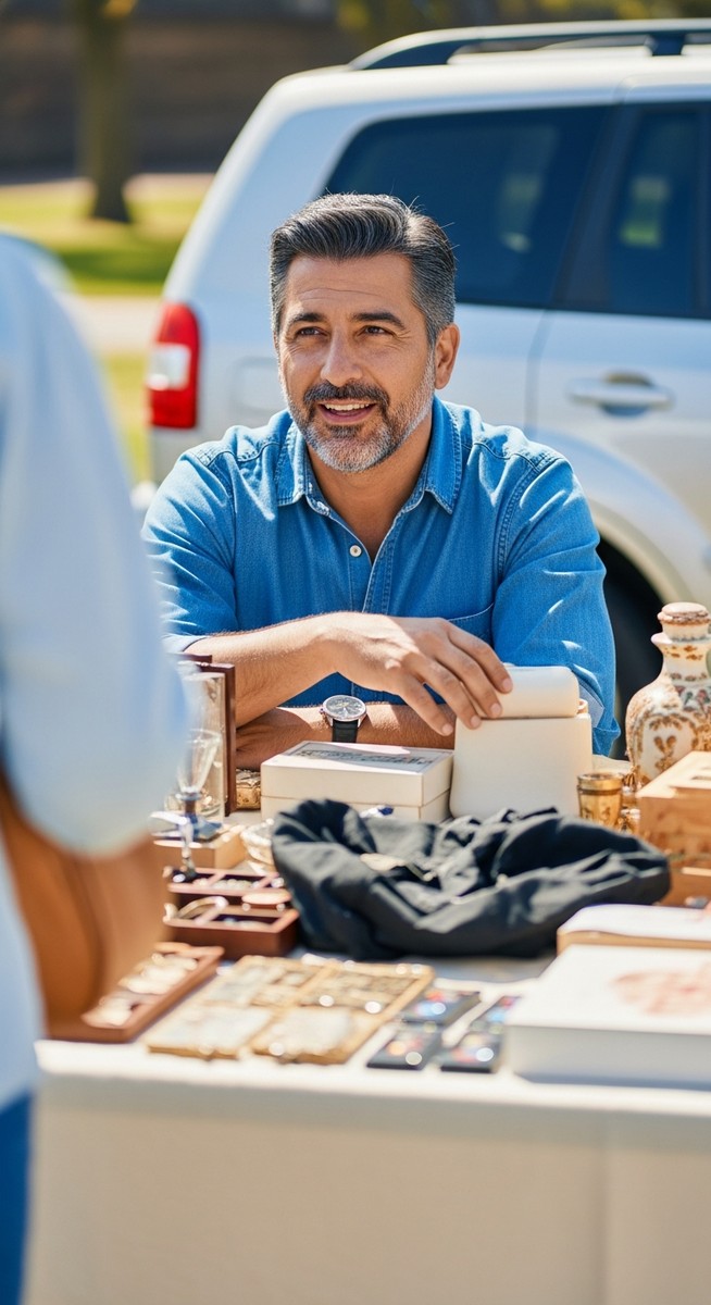 man chatting to a customer at a car boot sale table