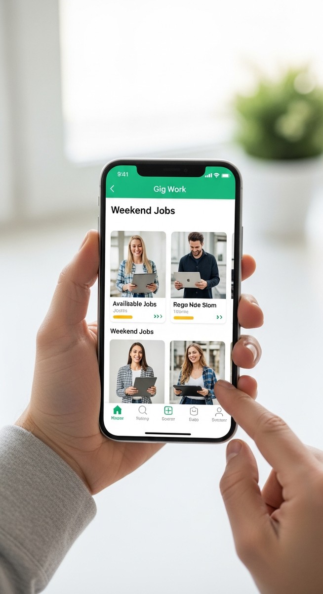 a hand holding a smartphone showing a gig work app with weekend jobs listed for extra income