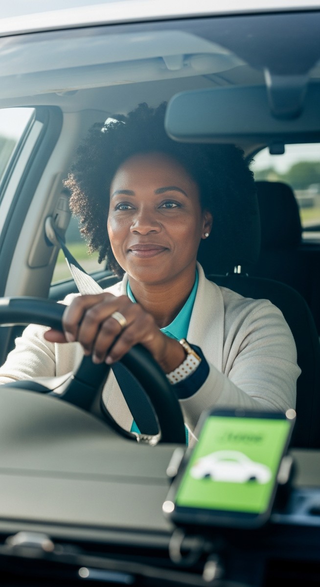 woman driving with a ride-share app visible on a phone mount