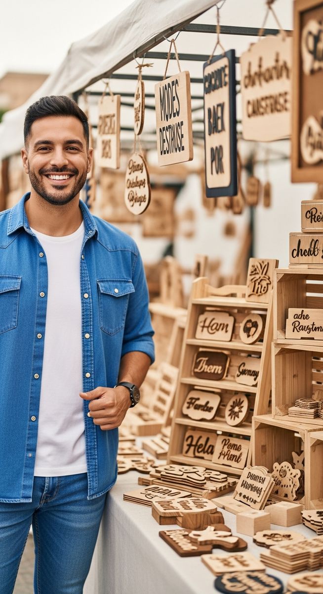a man standing beside a market stall displaying handmade wooden items for making and selling crafts